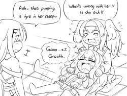 Rule 34 | +++, 3girls, :d, ^ ^, afterimage, bare shoulders, blush, closed eyes, comic, commentary, crossover, cushion, english text, closed eyes, fang, flying sweatdrops, gambier bay (kancolle), girls&#039; frontline, greyscale, guin guin, hair ornament, hairband, hairclip, jacket, kantai collection, long hair, long sleeves, lying, mk48 (girls&#039; frontline), monochrome, multiple girls, on back, open mouth, pleated skirt, profile, s.a.t.8 (girls&#039; frontline), sitting, skirt, smile, standing, teardrop, twintails, zabuton