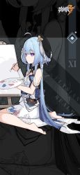 Rule 34 | beret, blue hair, dress, easel, flower, griseo, griseo (starry impression), hair flower, hair ornament, hat, highres, holding, holding brush, holding palette, honkai (series), honkai impact 3rd, long hair, looking at viewer, off-shoulder dress, off shoulder, official art, palette (object), purple eyes, white dress