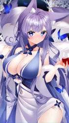 Rule 34 | 1girl, absurdres, alcohol, alternate hair color, animal ear fluff, animal ears, azur lane, blue eyes, blush, breasts, bug, butterfly, choker, cup, detached sleeves, dress, drinking glass, fox ears, fox tail, glass, highres, holding, holding cup, insect, kitsune, large breasts, long hair, looking at viewer, multiple tails, purple hair, seele0907, shinano (azur lane), shinano (dreams of the hazy moon) (azur lane), solo, tail, thighs, wide sleeves, wine, wine glass