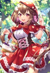 Rule 34 | 1girl, :d, animal, baguette, basket, bird, blurry, blurry background, blurry foreground, blush, bottle, bow, bread, breasts, brown hair, capelet, commentary request, day, depth of field, flower, food, hair between eyes, hair bow, hands up, haruyuki 14, highres, hood, hood up, hooded capelet, little red riding hood, little red riding hood (grimm), long hair, medium breasts, open mouth, outdoors, pink bow, re:wing, red capelet, red eyes, red ribbon, red skirt, ribbon, round teeth, shirt, skirt, smile, solo, teeth, tree, twintails, upper teeth only, very long hair, white flower, white shirt, wrist cuffs
