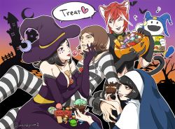 Rule 34 | 1boy, 3girls, amano maya, animal ears, artist name, atlus, black hair, breasts, brown eyes, brown hair, candy, cat ears, chain, cleavage, cuffs, face grab, face paint, food, food between breasts, gloves, halloween, handcuffs, harem, hat, jack frost (megami tensei), kirishima eriko, large breasts, lipstick, lollipop, makeup, megami tensei, midriff, multicolored hair, multiple girls, nackyun, nun, persona, persona 2, prison clothes, purple eyes, red hair, serizawa ulala, smile, suou tatsuya, witch, witch hat
