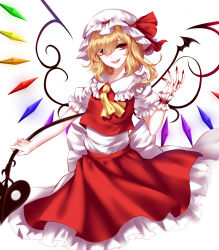 Rule 34 | 1girl, :d, absurdres, ascot, bad id, bad pixiv id, blonde hair, blood, blood on hands, cowboy shot, crystal, eyes visible through hair, fangs, flandre scarlet, frilled shirt collar, frills, hat, hat ribbon, highres, laevatein, looking at viewer, mob cap, nail polish, open mouth, puffy short sleeves, puffy sleeves, red eyes, red nails, red ribbon, red shirt, red skirt, red vest, ribbon, sheya, shirt, short sleeves, side ponytail, skirt, skirt set, smile, solo, touhou, vest, white background, wings, wrist cuffs