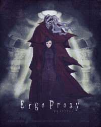 Rule 34 | 1boy, 1girl, black hair, cape, copyright name, cover, ergo proxy, ergo proxy (character), eyeliner, fake cover, full body, gun, height difference, highres, long hair, makeup, movie poster, re-l mayer, shotgun, slivokuch, weapon