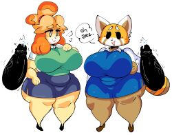 Rule 34 | 2boys, 2girls, aggressive retsuko, animal crossing, animal ears, ass, breasts, dark-skinned male, dark skin, dog, dog ears, english text, furry, furry female, furry with non-furry, highres, huge ass, huge breasts, interracial, interspecies, isabelle (animal crossing), lewd dorky, multiple boys, multiple girls, nintendo, penis, retsuko, simple background, speech bubble, surprised, veins, veiny penis, white background