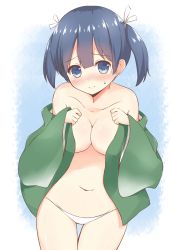 Rule 34 | 10s, 1girl, bare shoulders, blue eyes, blue hair, blush, breasts, chaa (korone-ze), cleavage, embarrassed, female focus, hair between eyes, hair ribbon, highres, japanese clothes, kantai collection, large breasts, looking at viewer, matching hair/eyes, navel, open clothes, panties, ribbon, short hair, short twintails, solo, souryuu (kancolle), thigh gap, twintails, underwear, undressing