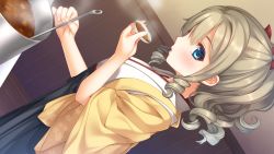 Rule 34 | 10s, 1girl, blonde hair, blue eyes, blue skirt, blush, bow, cooking, drill hair, dutch angle, food, hair bow, hatakaze (kancolle), highres, holding, holding plate, imachireki, indoors, japanese clothes, kantai collection, kimono, ladle, lips, looking at viewer, looking to the side, parted lips, plate, ponytail, pot, skirt, solo, steam, wide sleeves, yellow kimono