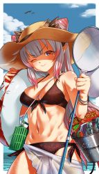Rule 34 | 1girl, bikini, black bikini, bracelet, breasts, bucket, butterfly net, cleavage, cone hair bun, cowboy shot, demon girl, demon horns, front-tie top, hair bun, halterneck, hand net, hat, highres, holding, honey strap, horns, innertube, insect cage, jewelry, long hair, looking at viewer, medium breasts, multicolored hair, nanashi inc., nantyu-a, one eye closed, outdoors, pink hair, pointy ears, red eyes, side-tie bikini bottom, silver hair, smile, solo, sun hat, suou patra, swim ring, swimsuit, toned, torn clothes, torn hat, v-shaped eyebrows, virtual youtuber, water