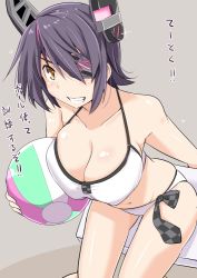 Rule 34 | 10s, 1girl, bad id, bad twitter id, ball, beachball, bikini, blush, breasts, checkered necktie, cleavage, eyepatch, female focus, grin, headgear, kantai collection, kichihachi, large breasts, leaning forward, looking at viewer, necktie, purple hair, short hair, simple background, smile, solo, swimsuit, tenryuu (kancolle), white bikini