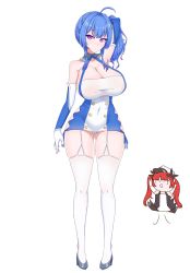 Rule 34 | 1girl, absurdres, ahoge, argyle, argyle clothes, argyle cutout, arm at side, arm behind head, azur lane, backless outfit, bare shoulders, blue hair, breasts, buttons, chibi, chibi inset, cleavage, closed eyes, closed mouth, clothing cutout, collarbone, contrapposto, covered navel, curvy, detached collar, double-breasted, dress, elbow gloves, full body, garter straps, gloves, gluteal fold, hair between eyes, halter dress, halterneck, high heels, highres, honolulu (azur lane), huge breasts, long hair, panties, panty peek, purple eyes, red eyes, short dress, side ponytail, sidelocks, silver footwear, smile, soranotsuno, st. louis (azur lane), taut clothes, taut dress, thighhighs, tight clothes, tight dress, tsurime, underwear, white thighhighs, wide hips
