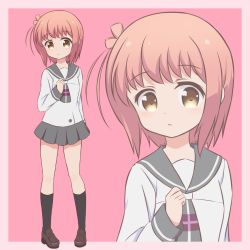 Rule 34 | 10s, 1girl, black socks, blush, brown eyes, brown footwear, brown hair, commentary request, grey neckwear, grey sailor collar, grey skirt, highres, ichinose hana, kashiopea, kneehighs, loafers, long sleeves, looking at viewer, one side up, parted lips, pleated skirt, sailor collar, school uniform, serafuku, shirt, shoes, skirt, slow start, socks, solo, white shirt, zoom layer
