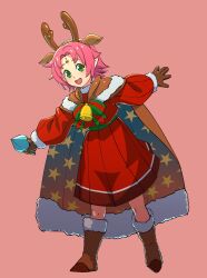 Rule 34 | 1girl, :d, aduti momoyama, animal ears, antlers, bell, boots, brown cape, brown footwear, brown gloves, brown hairband, cape, christmas, deer ears, dress, facial mark, fae (fire emblem), fae (winter) (fire emblem), fake animal ears, fake antlers, fire emblem, fire emblem: the binding blade, fire emblem heroes, forehead mark, full body, fur-trimmed boots, fur-trimmed cape, fur-trimmed footwear, fur-trimmed sleeves, fur boots, fur trim, gloves, green eyes, green sash, hair intakes, hairband, highres, horns, long sleeves, nintendo, official alternate costume, open mouth, pink background, pink hair, pointy ears, print cape, puffy long sleeves, puffy sleeves, red dress, reindeer antlers, sash, short hair, simple background, smile, solo, star (symbol), star print