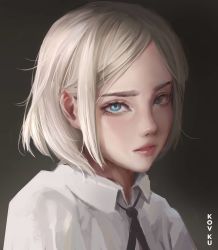 Rule 34 | 1girl, artist name, bad id, bad instagram id, black background, black ribbon, blue eyes, commentary, dress shirt, eyebrows, eyelashes, gradient background, green background, highres, lips, looking at viewer, nose, original, parted bangs, parted lips, realistic, ribbon, shirt, short hair, sidelocks, solo, upper body, white hair, white shirt, zulh00n