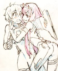 Rule 34 | 10s, 1boy, 1girl, bad id, bad twitter id, blush, bodysuit, commentary request, couple, darling in the franxx, gloves, hair ornament, hairband, hand on another&#039;s face, hand on another&#039;s waist, hetero, highres, hiro (darling in the franxx), horns, hug, lipstick, long hair, looking at another, makeup, miyazaki shiori, oni horns, pilot suit, short hair, zero two (darling in the franxx)