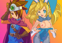 Rule 34 | 1boy, 1girl, androgynous, animal ears, belt, bingo tarte, blonde hair, blue eyes, breasts, brown eyes, cape, chunsoft, circlet, cuffs, dragon quest, dragon quest iii, earrings, enix, eyeshadow, fake animal ears, flashing, gloves, hair over one eye, hand on own hip, hip focus, jester (dq3), jewelry, large breasts, leggings, leotard, makeup, nipples, one eye closed, open mouth, pantyhose, playboy bunny, rabbit ears, roto (dq3), smile, thigh gap, wink