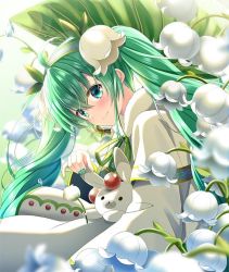 Rule 34 | 1girl, ahoge, animal, bad id, bad pixiv id, blue eyes, blurry, blurry background, blurry foreground, blush, closed mouth, commentary request, depth of field, dress, fingernails, flower, green hair, green nails, green ribbon, hair between eyes, hair flower, hair ornament, hair ribbon, hatsune miku, long hair, long sleeves, nail polish, rabbit, ribbon, smile, snowbell (flower), snowdrop (flower), twintails, very long hair, vocaloid, white dress, white flower, wide sleeves, yuki miku, yuki miku (2015), yukine (vocaloid), yuuka nonoko