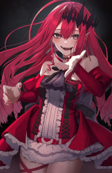 Rule 34 | 1girl, bad id, bad pixiv id, baobhan sith (fate), baobhan sith (first ascension) (fate), bare shoulders, black background, blood, blood from mouth, breasts, center frills, commentary, dark background, earrings, eyelashes, fangs, fate/grand order, fate (series), frilled skirt, frills, grey eyes, hair between eyes, highres, ironatsuki, jewelry, long hair, looking at viewer, medium breasts, nail polish, open mouth, pink hair, pink nails, pointy ears, reaching, reaching towards viewer, skirt, slit pupils, smile, solo