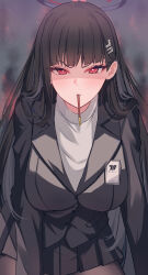 Rule 34 | 1girl, black hair, black jacket, black skirt, blazer, blue archive, blush, breasts, food, food in mouth, halo, highres, id card, jacket, large breasts, looking at viewer, mi taro333, mouth hold, pleated skirt, pocky, pocky in mouth, red eyes, rio (blue archive), shaded face, skirt, solo, sweater, white sweater