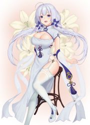 Rule 34 | 1girl, azur lane, baeg mi, blue eyes, breasts, chair, cleavage, dress, floral background, flower, hair flower, hair ornament, highres, illustrious (azur lane), illustrious (maiden lily&#039;s radiance) (azur lane), large breasts, long hair, looking at viewer, on chair, open mouth, silver hair, solo, thighhighs, white thighhighs