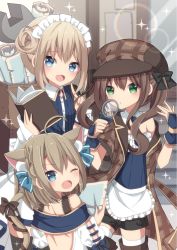 Rule 34 | 3girls, :d, ;d, ahoge, animal ears, apron, bad id, bad pixiv id, black bow, blue eyes, blue neckwear, blue shirt, book, boots, bow, brown coat, brown footwear, brown hair, brown hat, brown shorts, cat ears, cat girl, cat tail, coat, collar, deerstalker, detached collar, double bun, fang, fingernails, frilled apron, frills, green eyes, hair between eyes, hair bun, hat, highres, holding, holding book, index finger raised, light brown hair, long hair, looking at viewer, looking back, magnifying glass, multiple girls, necktie, off shoulder, one eye closed, open mouth, original, parted lips, puffy shorts, sapphire (sapphire25252), shirt, shorts, side bun, sidelocks, single side bun, skirt, smile, sparkle, tail, twintails, waist apron, white apron, white collar, white shirt, white skirt, wing collar, wrench