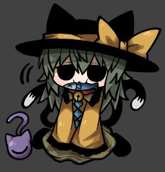 Rule 34 | 1girl, :3, animal ears, bell, black eyes, black footwear, black hat, buttons, cat ears, cat girl, cat tail, diamond button, fish in mouth, frilled sweater, full body, hat, highres, jingle bell, komeiji koishi, light green hair, motion lines, multiple tails, sweater, tail, third eye, touhou, two tails, yellow sweater, zunusama