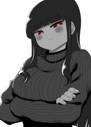 Rule 34 | &gt;:), 1girl, blunt bangs, blush, breasts, commentary request, crossed arms, highres, large breasts, long hair, looking at viewer, nib pen (medium), original, red eyes, ribbed sweater, simple background, smile, smug, solo, spot color, sweater, traditional media, upper body, white background, yuzu gin (pika97)