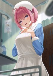 Rule 34 | 1girl, ahoge, apron, blue shirt, blurry, blurry background, blush, breasts, carton, commentary request, cowboy shot, curtains, from below, hair between eyes, hair intakes, hands on own chest, hat, head tilt, highres, idolmaster, idolmaster cinderella girls, igayan, indoors, intravenous drip, large breasts, long sleeves, nurse, nurse cap, open mouth, own hands together, pink hair, purple eyes, shirt, short hair, sidelocks, solo, white apron, yumemi riamu