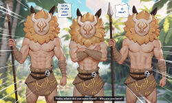 Rule 34 | 3boys, abs, alexander dinh, bandaged arm, bandages, brown skirt, cowboy shot, crossed arms, day, emphasis lines, english text, facing viewer, genshin impact, holding, holding polearm, holding weapon, male focus, mask, multiple boys, muscular, muscular male, navel, outdoors, palm tree, polearm, skirt, skull ornament, stomach, tree, weapon