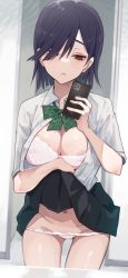 Rule 34 | 1girl, areola slip, black skirt, blue hair, bow, bowtie, bra, breasts, cellphone, cleavage, clothes lift, collared shirt, female focus, female pubic hair, green bow, green bowtie, groin, hair over one eye, half-closed eyes, highres, holding, holding phone, indo curry, lace, lace bra, lifted by self, looking at phone, medium breasts, mirror, mole, mole under eye, mole under mouth, navel, open clothes, open shirt, original, panties, phone, pubic hair, pubic hair peek, reflection, restroom, ringed eyes, selfie, shirt, skirt, skirt lift, smartphone, solo, thigh gap, thighs, toilet stall, tsurime, underwear, white bra, white shirt