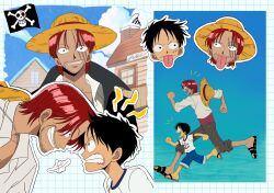 Rule 34 | 2boys, age difference, aged down, artist request, blue sky, building, child, face-to-face, facial hair, grin, happy, hat, highres, looking at another, looking to the side, monkey d. luffy, multiple boys, multiple views, official style, one piece, red hair, running, sandals, scar, scar across eye, scar on face, shanks (one piece), shirt, short hair, simple background, size difference, sky, smile, straw hat, white shirt