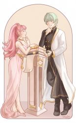Rule 34 | 1boy, 1girl, absurdres, aged up, artist name, bare shoulders, barefoot, blush, book, bracelet, breasts, byleth (fire emblem), byleth (male) (fire emblem), cleavage, cloak, dress, earrings, feet, fire emblem, fire emblem: three houses, from side, full body, green eyes, green hair, hair ornament, hand on own chin, height difference, highres, hilda valentine goneril, hoop earrings, husband and wife, jewelry, large breasts, long dress, looking at another, matching hair/eyes, necklace, nintendo, open mouth, pink dress, pink eyes, pink hair, ring, short hair, signature, simple background, smile, standing, tamafry, toes, twintails