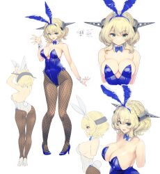 Rule 34 | 1girl, absurdres, animal ears, ass, bare legs, black pantyhose, blonde hair, blue bow, blue bowtie, blue eyes, blue leotard, bow, bowtie, breasts, cleavage, colorado (kancolle), commentary request, commission, cowboy shot, detached collar, fishnet pantyhose, fishnets, headgear, highres, kantai collection, kiyama satoshi, large breasts, leotard, looking at viewer, multiple views, pantyhose, playboy bunny, rabbit ears, rabbit tail, short hair, side-tie leotard, simple background, skeb commission, smile, standing, strapless, strapless leotard, tail, upper body, white background, white footwear, white leotard, wrist cuffs
