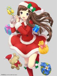Rule 34 | 1girl, :d, box, brown eyes, brown hair, candy, candy cane, carrying over shoulder, enoshima asuka, closed eyes, food, gift, gift box, hat, ilog, looking at viewer, occhan (11715), official art, open mouth, santa costume, santa hat, smile, solo, stuffed animal, stuffed toy, teddy bear