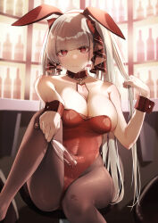 Rule 34 | 1girl, absurdres, alternate costume, animal ears, azur lane, bar (place), bar stool, bare shoulders, between breasts, blush, breasts, champagne flute, classic (zildjian33), cleavage, covered navel, cup, drinking glass, fake animal ears, formidable (azur lane), grey hair, hair ribbon, highres, large breasts, leotard, long hair, looking at viewer, paid reward available, pantyhose, playboy bunny, rabbit ears, red eyes, red leotard, ribbon, sitting, solo, stool, strapless, strapless leotard, twintails, wrist cuffs