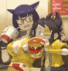 Rule 34 | 1girl, 1other, ad, animal ears, bandage over one eye, black hair, breasts, burger, buttons, cleavage, cup, drinking straw, eating, eyepatch, fang, fingerless gloves, food, glasses, gloves, grey eyes, grey shirt, highres, large breasts, looking at another, mizuno (okn66), necktie, open mouth, original, purple hair, shirt, table, tray, wrist wrap, yellow eyes, yellow shirt