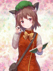 Rule 34 | 1girl, animal ears, bad id, bad pixiv id, bag, bow, bowtie, brown hair, cat ears, chen, china dress, chinese clothes, dress, eno (whiskeyne), floral background, floral print, green hat, hand up, hat, head tilt, holding, light smile, long sleeves, looking at viewer, pencil, pink eyes, red dress, shoulder bag, sketchbook, solo, touhou, yellow bow, yellow bowtie