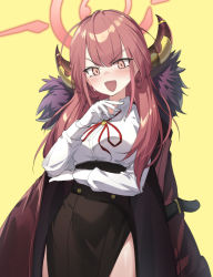 Rule 34 | 1girl, aru (blue archive), black skirt, blue archive, blush, breasts, coat, coat on shoulders, deatheach, fur collar, gloves, halo, highres, horns, long hair, long sleeves, neck ribbon, open mouth, pink eyes, pink hair, red coat, red ribbon, ribbon, shirt, simple background, skirt, solo, sweat, white gloves, white shirt, yellow background