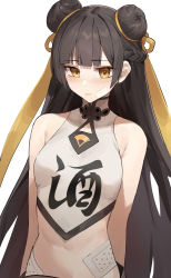 Rule 34 | 1girl, absurdres, bandaid, bandaid on face, black hair, black survival, blush, breasts, chinese clothes, closed mouth, commentary, cold pack, crop top, double bun, hair bun, hair ribbon, highres, li dailin, lips, long hair, looking at viewer, medium breasts, midriff, ribbon, shirt, simple background, sleeveless, sleeveless shirt, solo, star741, straight hair, upper body, white background, white shirt, yellow eyes, yellow ribbon