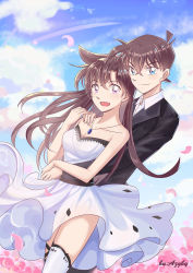 Rule 34 | 1boy, 1girl, :d, azgby, blue eyes, breasts, brown hair, cleavage, collarbone, couple, day, dress, dutch angle, floating hair, flower, hair between eyes, hand on another&#039;s shoulder, highres, jewelry, kudou shin&#039;ichi, long hair, looking at viewer, medium breasts, meitantei conan, mouri ran, necklace, open mouth, outdoors, petals, pink eyes, pink flower, sleeveless, sleeveless dress, smile, standing, strapless, strapless dress, thighhighs, very long hair, white dress, white thighhighs