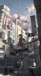 Rule 34 | 1girl, absurdres, animal ear fluff, animal ears, arms at sides, billboard, black cat, black hair, black thighhighs, blue sky, bob cut, building, cat, cat ears, chinese commentary, city, cityscape, closed mouth, cloud, cloudy sky, commentary request, day, floating, floating object, highres, holding, holding phone, hood, hood down, industrial pipe, jacket, long sleeves, looking at viewer, looking to the side, original, outdoors, phone, phone with ears, red eyes, rotarran, scenery, shoes, short hair, sign, signpost, sky, solo, standing, sunlight, thighhighs, washing machine, wide shot, wide sleeves