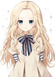 Rule 34 | 1girl, arms behind back, blonde hair, blue eyes, brown dress, dress, expressionless, forehead, highres, kokoshira 0510, long hair, long sleeves, looking at viewer, original, pleated dress, simple background, solo, sparkle, striped sleeves, upper body, white background