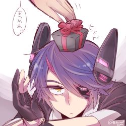 Rule 34 | 10s, 1girl, bad id, bad pixiv id, box, eyepatch, gift, gift box, gloves, headgear, kantai collection, necktie, object on head, out of frame, partially fingerless gloves, purple hair, short hair, solo focus, tenryuu (kancolle), torihada ichirou, translated