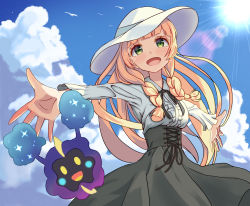 Rule 34 | 1girl, alternate costume, blonde hair, blue sky, blunt bangs, blush, braid, breasts, cloud, collared shirt, cosmog, creatures (company), day, dress, frilled sleeves, frills, game freak, gen 7 pokemon, green eyes, happy, hat, highres, lace, lace-trimmed dress, lace trim, legendary pokemon, lillie (pokemon), long hair, long sleeves, looking at viewer, meme attire, mimikaki (men bow), nintendo, open mouth, outstretched arms, pokemon, pokemon (creature), pokemon sm, ribbon, shirt, sky, spread arms, sun, sun hat, sunlight, twin braids, virgin killer outfit