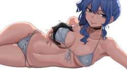 Rule 34 | 1girl, absurdres, alternate breast size, bikini, blue eyes, blush, breasts, breasts squeezed together, choker, front-tie bikini top, front-tie top, gloves, hair between eyes, harris hero, highres, hololive, hoshimachi suisei, long hair, looking at viewer, lying, medium breasts, on side, partially fingerless gloves, ribbon, side ponytail, smile, solo, star (symbol), star in eye, swimsuit, symbol in eye, thigh gap, virtual youtuber, white background