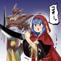 Rule 34 | 1boy, 1girl, absurdres, arm blade, armor, blue background, blue eyes, blue hair, brown armor, commentary, cowboy shot, duel monster, flexing, full armor, highres, hood, lo the prayers of the voiceless voice, medium hair, nun, red hood, sawan cutman, skull guardian, sleeves rolled up, solo focus, standing, translated, trembling, weapon, yu-gi-oh!