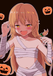 Rule 34 | 1girl, :d, black background, blonde hair, blush, bow, braid, collarbone, commentary request, fang, flat chest, furrowed brow, green bow, hair between eyes, hair bow, half-closed eyes, halloween, jack-o&#039;-lantern, kirisame marisa, long hair, looking at viewer, mummy costume, navel, no headwear, no headwear, open mouth, outline, simple background, single braid, smile, solo, standing, touhou, upper body, very long hair, white outline, yamajun (junyamaekaki), yellow eyes