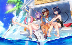 Rule 34 | 3girls, ahoge, animal, animal ears, aqua eyes, arm at side, arrow (symbol), bandaid, bandaid on leg, bare arms, bare legs, bare shoulders, barefoot, baseball cap, bikini, black hair, blue jacket, blue sky, blush, bob cut, bottle, breasts, cat ears, cat tail, ceiling, character request, cloud, dark-skinned female, dark skin, day, earphones, feet, fish, fishing, fishing rod, flat chest, flip-flops, food, food in mouth, from below, fruit, hat, highres, holding, holding food, jacket, knees together feet apart, large breasts, legs, lens flare, lifebuoy, m10 wolverine (panzer waltz), m18 hellcat (panzer waltz), multiple girls, ocean, outdoors, outstretched leg, overalls, palm tree, panzer waltz, paw print, popsicle, purple hair, reculata, sandals, see-through, shade, shirt, shoes, short hair, short sleeves, side-tie bikini bottom, sitting, sky, sneakers, strap slip, summer, sun, sweat, swim ring, swimsuit, t-shirt, tail, toes, tree, v arms, vashti bradley, water, watermelon, wet, wet clothes, wet shirt, wire, yun yang