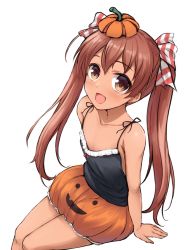 Rule 34 | 10s, 1girl, :d, bare arms, black shirt, bow, brown eyes, brown hair, collarbone, dark-skinned female, dark skin, don (29219), fang, flat chest, hair ribbon, kantai collection, libeccio (kancolle), looking at viewer, open mouth, pumpkin hat, pumpkin skirt, ribbon, shirt, sitting, sleeveless, sleeveless shirt, smile, solo, twintails