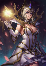 Rule 34 | 1girl, armpits, blue eyes, breasts, cleavage, closed mouth, cowboy shot, dress, elbow gloves, elementalist lux, gloves, hair ornament, hairband, headgear, highres, hou akira, league of legends, light elementalist lux, looking at viewer, lux (league of legends), medium breasts, short dress, short hair, sideboob, silver hair, smile, solo, white dress, white gloves