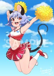 Rule 34 | 1girl, alternate costume, animal ears, armpits, blue sky, cheerleader, cloud, commentary request, commission, crop top, full body, grey hair, highres, jewelry, midriff, mixed-language commentary, mouse ears, mouse girl, mouse tail, navel, nazrin, open mouth, outdoors, pendant, pom pom (cheerleading), red eyes, red footwear, sample watermark, short eyebrows, short hair, signature, skeb commission, sky, socks, solo, tail, take no ko (4919400), teeth, thighs, touhou, upper teeth only, watermark, white socks