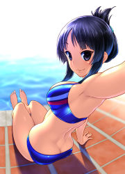 Rule 34 | 1girl, akiyama mio, alternate hairstyle, arm support, armpits, ass, back, barefoot, bikini, black eyes, black hair, blue bikini, breasts, butt crack, caustics, day, double vertical stripe, eyebrows, feet, folded ponytail, foreshortening, from behind, hair ornament, hair up, hairclip, highres, k-on!, legs together, long hair, looking at viewer, looking back, medium breasts, outdoors, parted bangs, poolside, purple eyes, purple hair, raised eyebrows, reaching, reaching towards viewer, red-p, selfie, shadow, short hair with long locks, sideboob, sidelocks, sitting, skindentation, smile, solo, swimsuit, tile floor, tiles, water